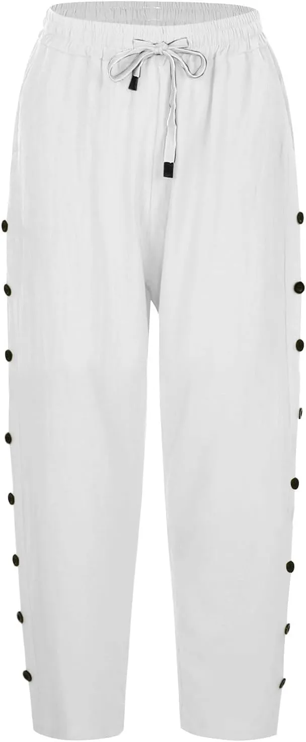 Linen Capris for Women Summer Casual High Waisted Crop Pants with Pockets Wed Leg Lounge Trousers Boho Beach Clothes