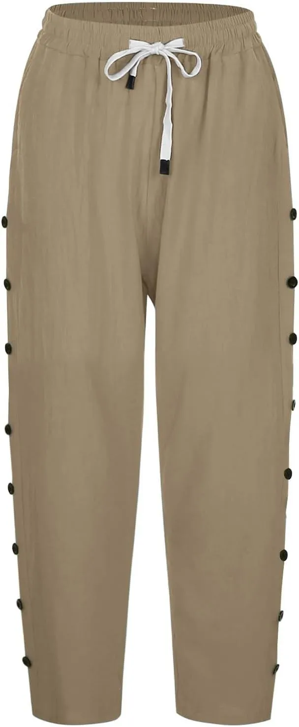 Linen Capris for Women Summer Casual High Waisted Crop Pants with Pockets Wed Leg Lounge Trousers Boho Beach Clothes