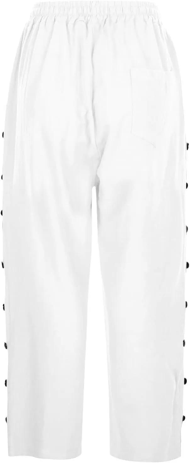 Linen Capris for Women Summer Casual High Waisted Crop Pants with Pockets Wed Leg Lounge Trousers Boho Beach Clothes