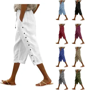 Linen Capris for Women Summer Casual High Waisted Crop Pants with Pockets Wed Leg Lounge Trousers Boho Beach Clothes