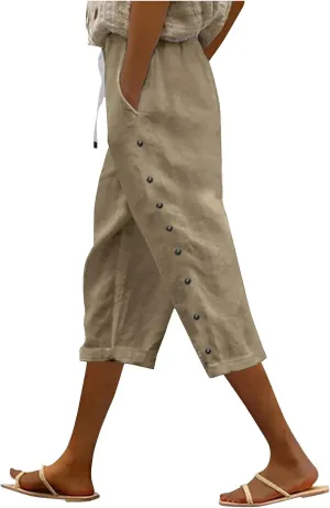 Linen Capris for Women Summer Casual High Waisted Crop Pants with Pockets Wed Leg Lounge Trousers Boho Beach Clothes