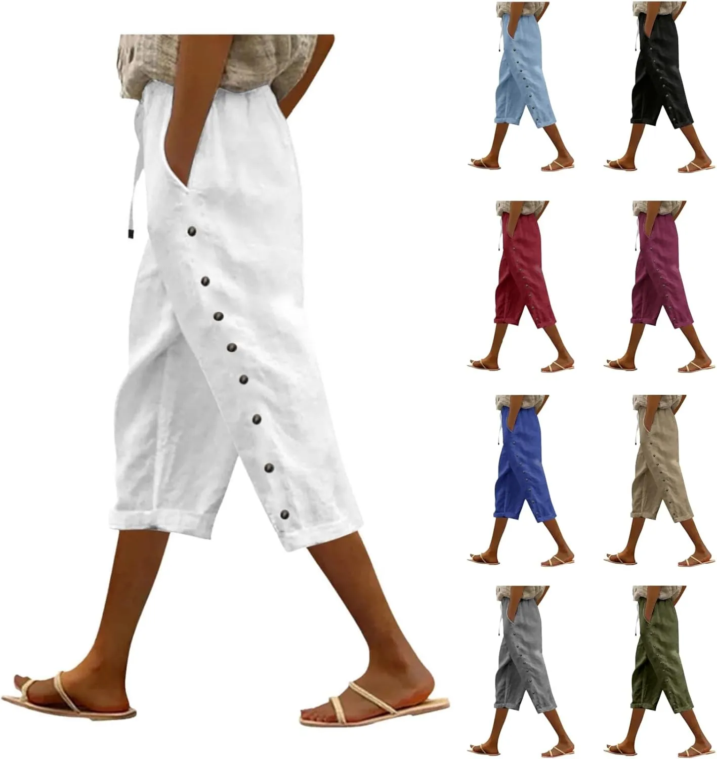 Linen Capris for Women Summer Casual High Waisted Crop Pants with Pockets Wed Leg Lounge Trousers Boho Beach Clothes