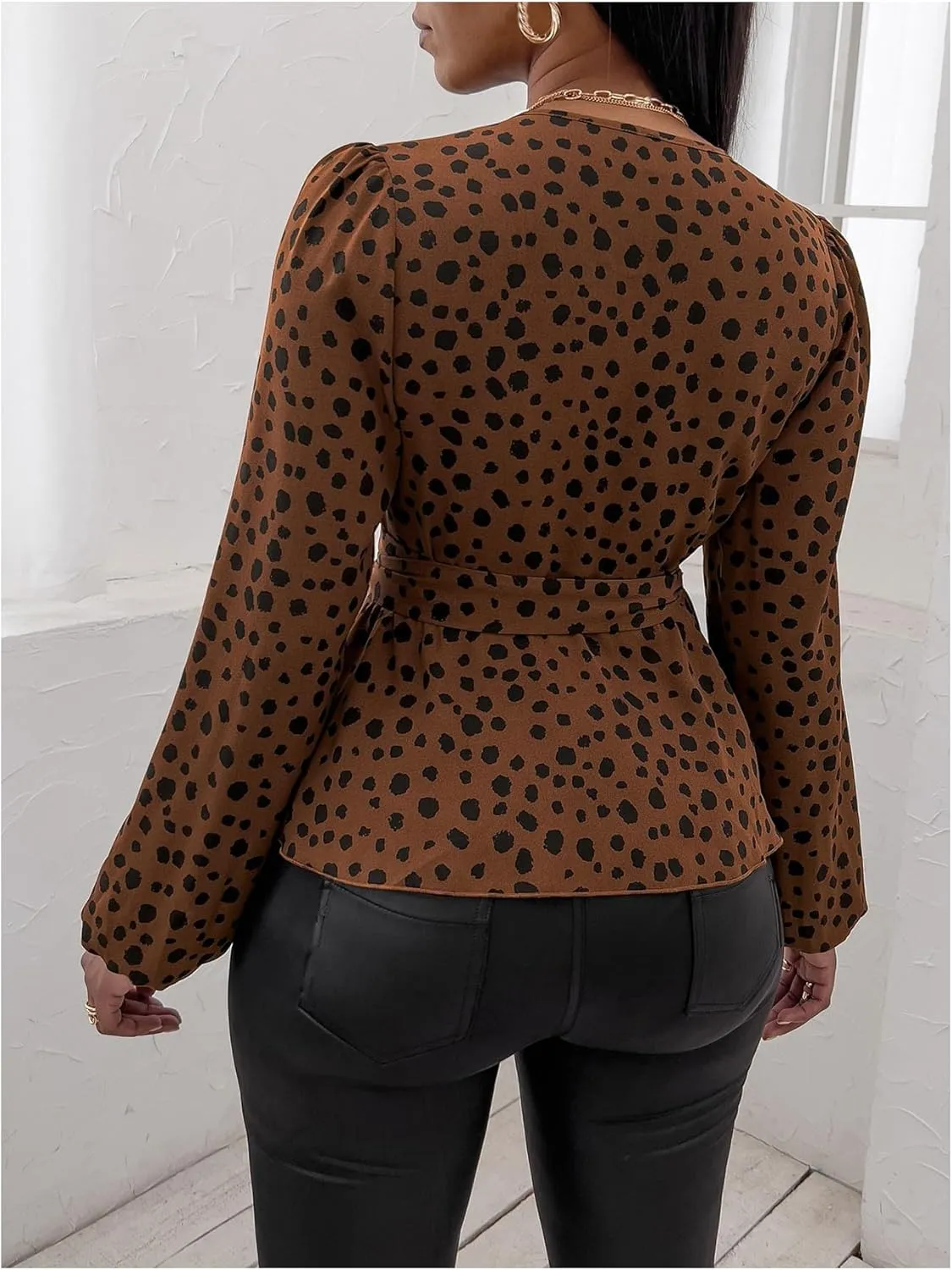 MakeMeChic Women's Casual Polka Dots Lantern Sleeve Belted Blouse Wrap V Neck Peplum Shirt Top