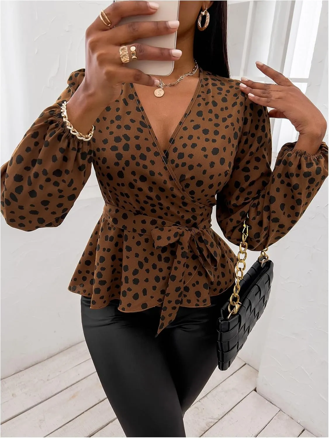 MakeMeChic Women's Casual Polka Dots Lantern Sleeve Belted Blouse Wrap V Neck Peplum Shirt Top