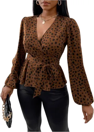 MakeMeChic Women's Casual Polka Dots Lantern Sleeve Belted Blouse Wrap V Neck Peplum Shirt Top