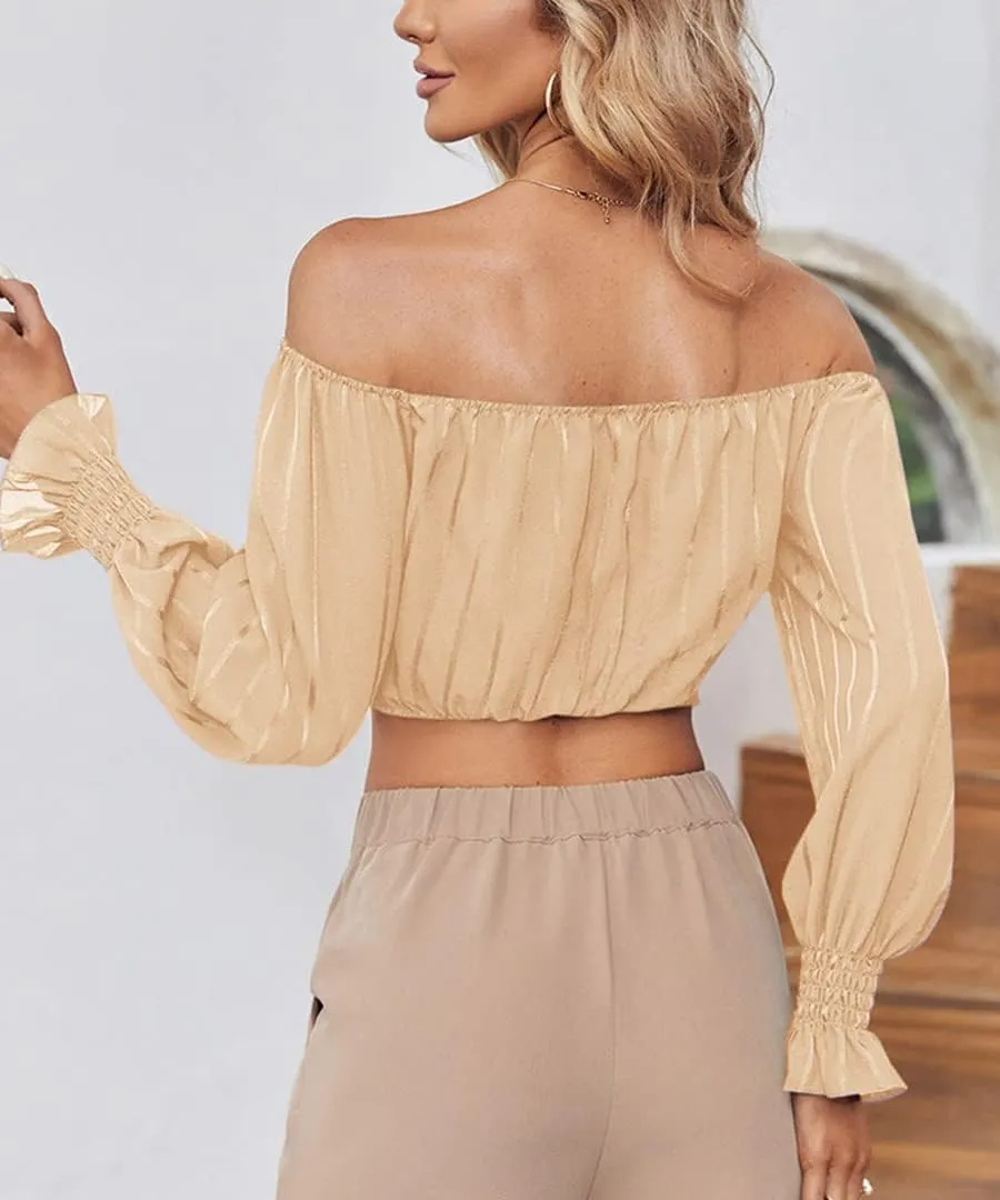 MIRACMODA Womens Elegant Off The Shoulder Puff Sleeve Blouse Summer Chiffon Slim Fit Party Crop Top