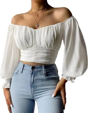 MIRACMODA Womens Elegant Off The Shoulder Puff Sleeve Blouse Summer Chiffon Slim Fit Party Crop Top