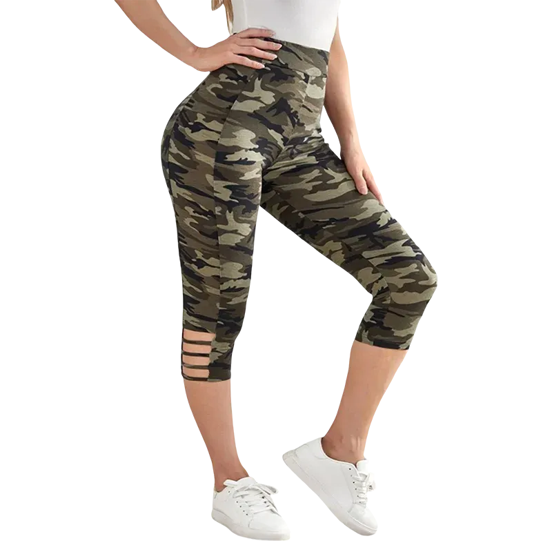 Plus Size Women's Camo Capri Leggings with Side Stripe Cutouts Stylish High Elasticity Knit Sporty Fashionable Casual Pants