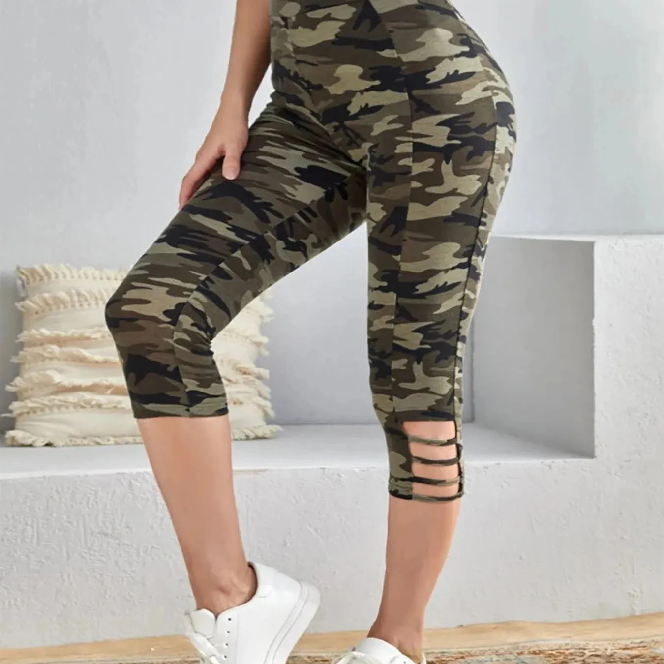 Plus Size Women's Camo Capri Leggings with Side Stripe Cutouts Stylish High Elasticity Knit Sporty Fashionable Casual Pants