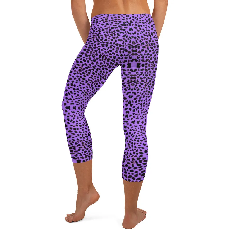 Purple Cheetah Capri Leggings, Cute Leopard Casual Tights For Women-Made in USA/EU/MX
