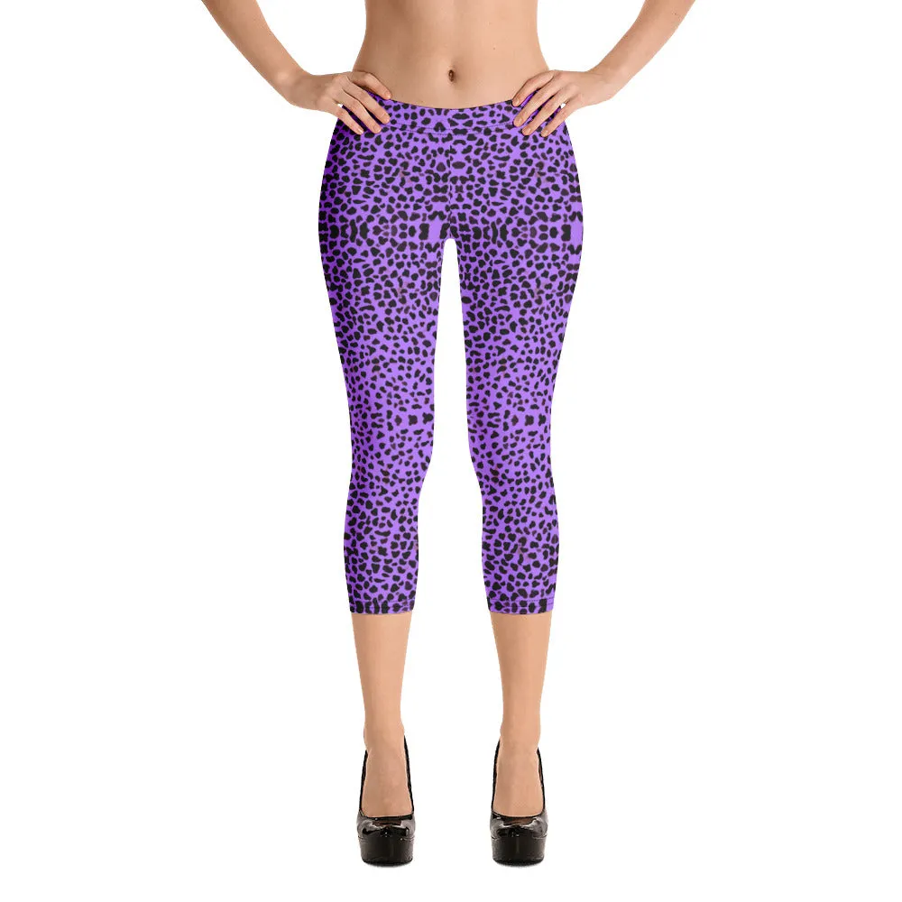 Purple Cheetah Capri Leggings, Cute Leopard Casual Tights For Women-Made in USA/EU/MX