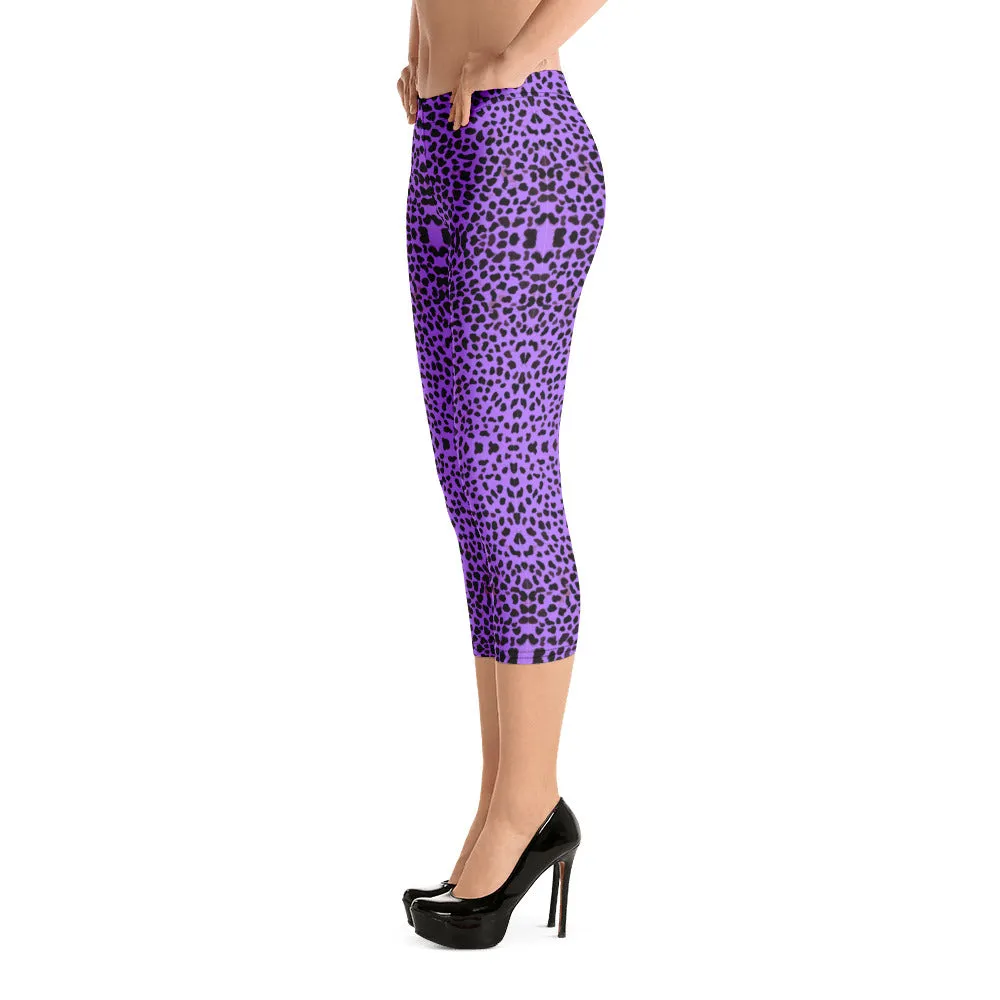 Purple Cheetah Capri Leggings, Cute Leopard Casual Tights For Women-Made in USA/EU/MX