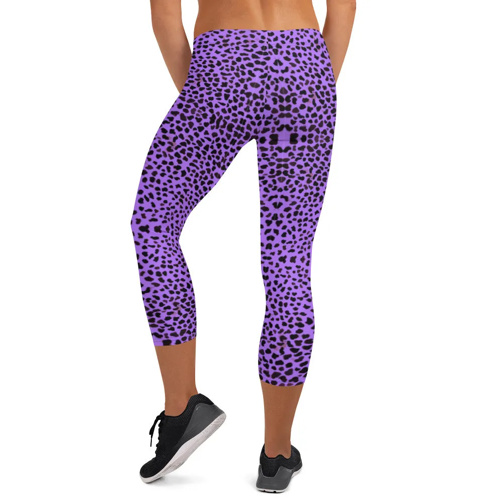 Purple Cheetah Capri Leggings, Cute Leopard Casual Tights For Women-Made in USA/EU/MX
