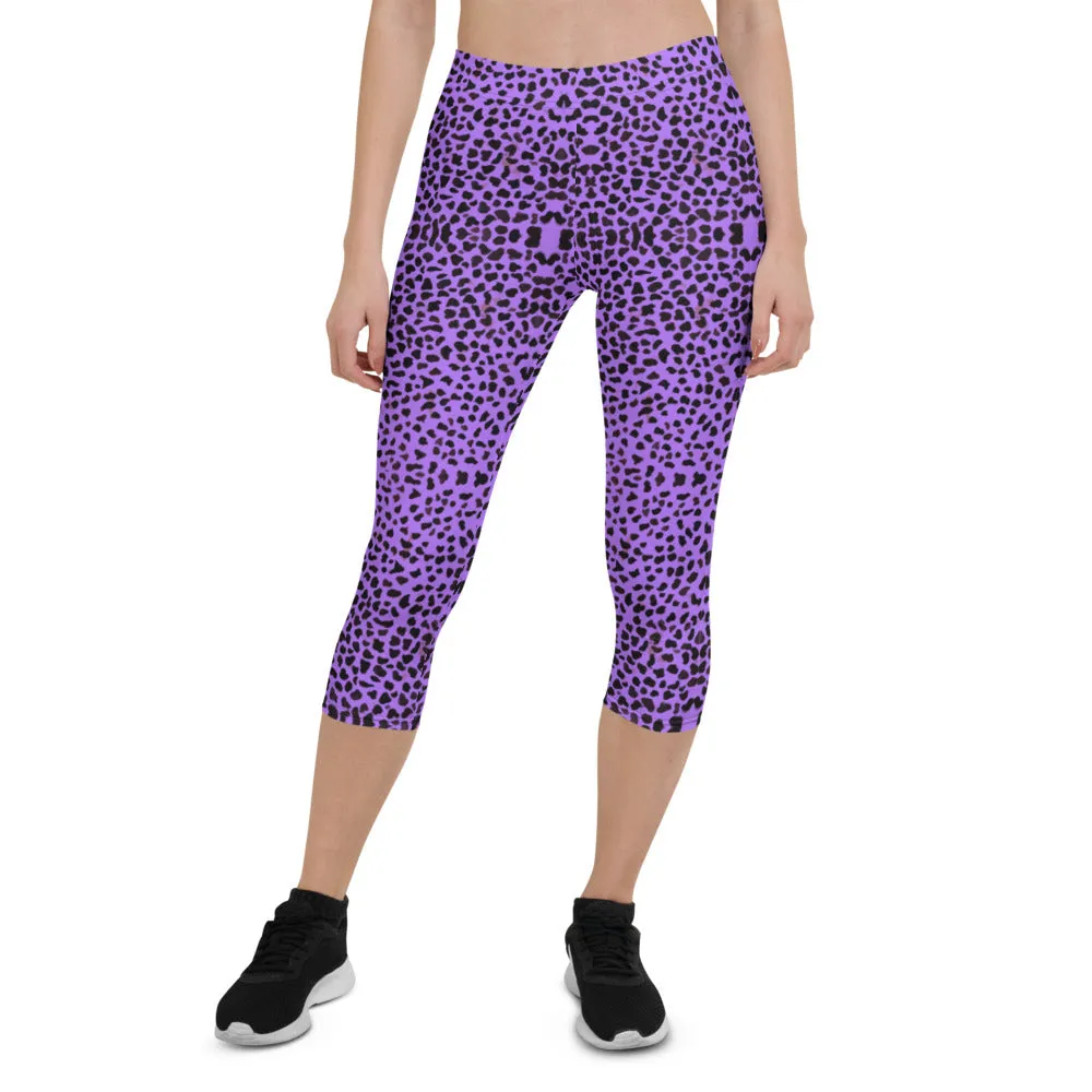 Purple Cheetah Capri Leggings, Cute Leopard Casual Tights For Women-Made in USA/EU/MX