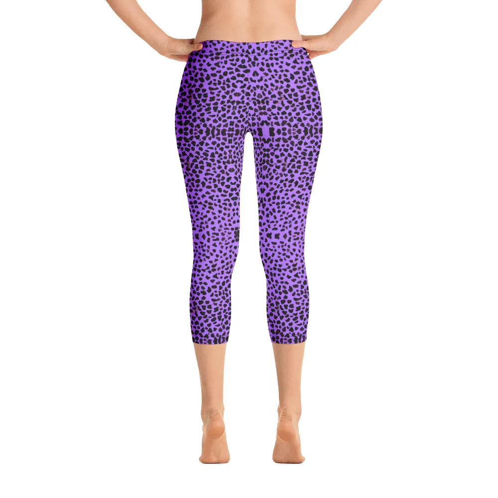 Purple Cheetah Capri Leggings, Cute Leopard Casual Tights For Women-Made in USA/EU/MX