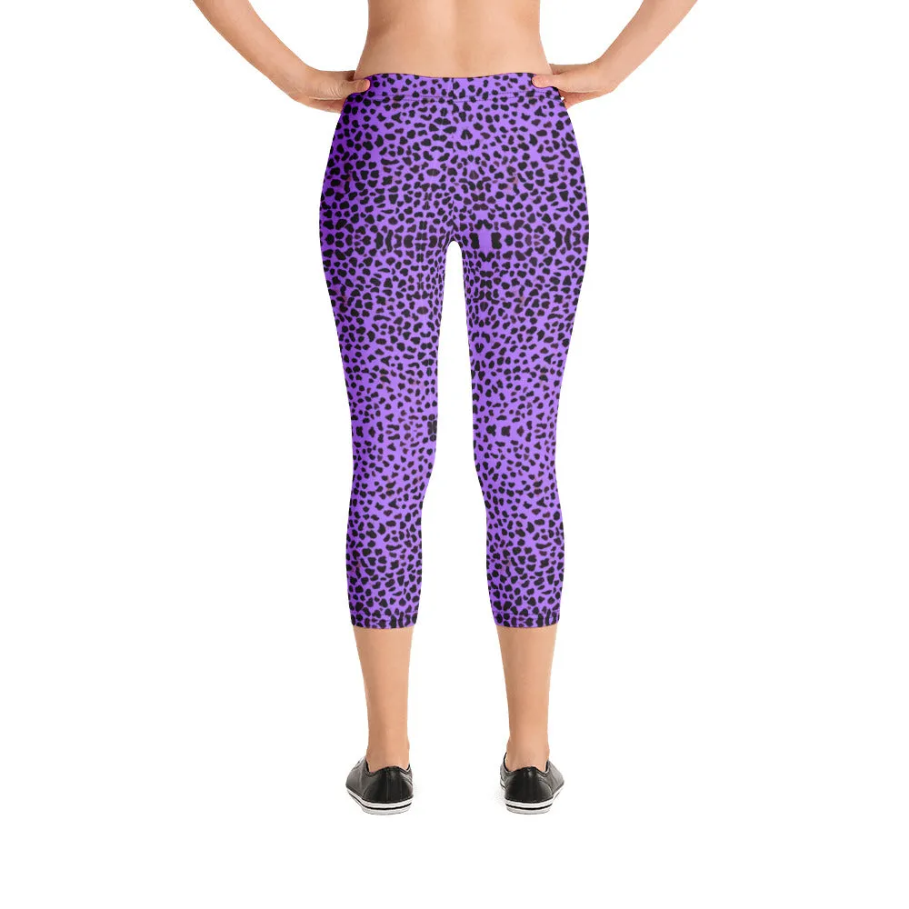 Purple Cheetah Capri Leggings, Cute Leopard Casual Tights For Women-Made in USA/EU/MX