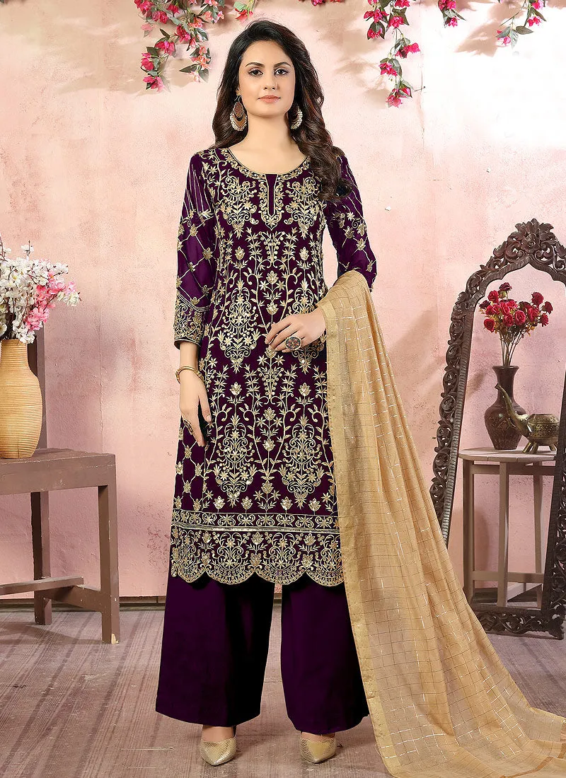 Purple Embroidered Designer Palazzo Suit