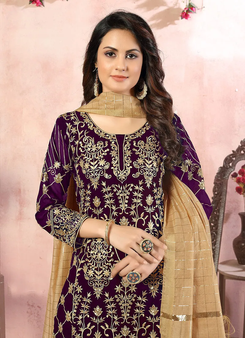 Purple Embroidered Designer Palazzo Suit