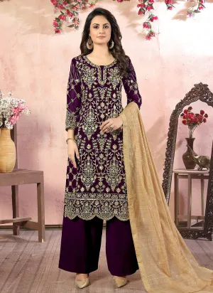 Purple Embroidered Designer Palazzo Suit