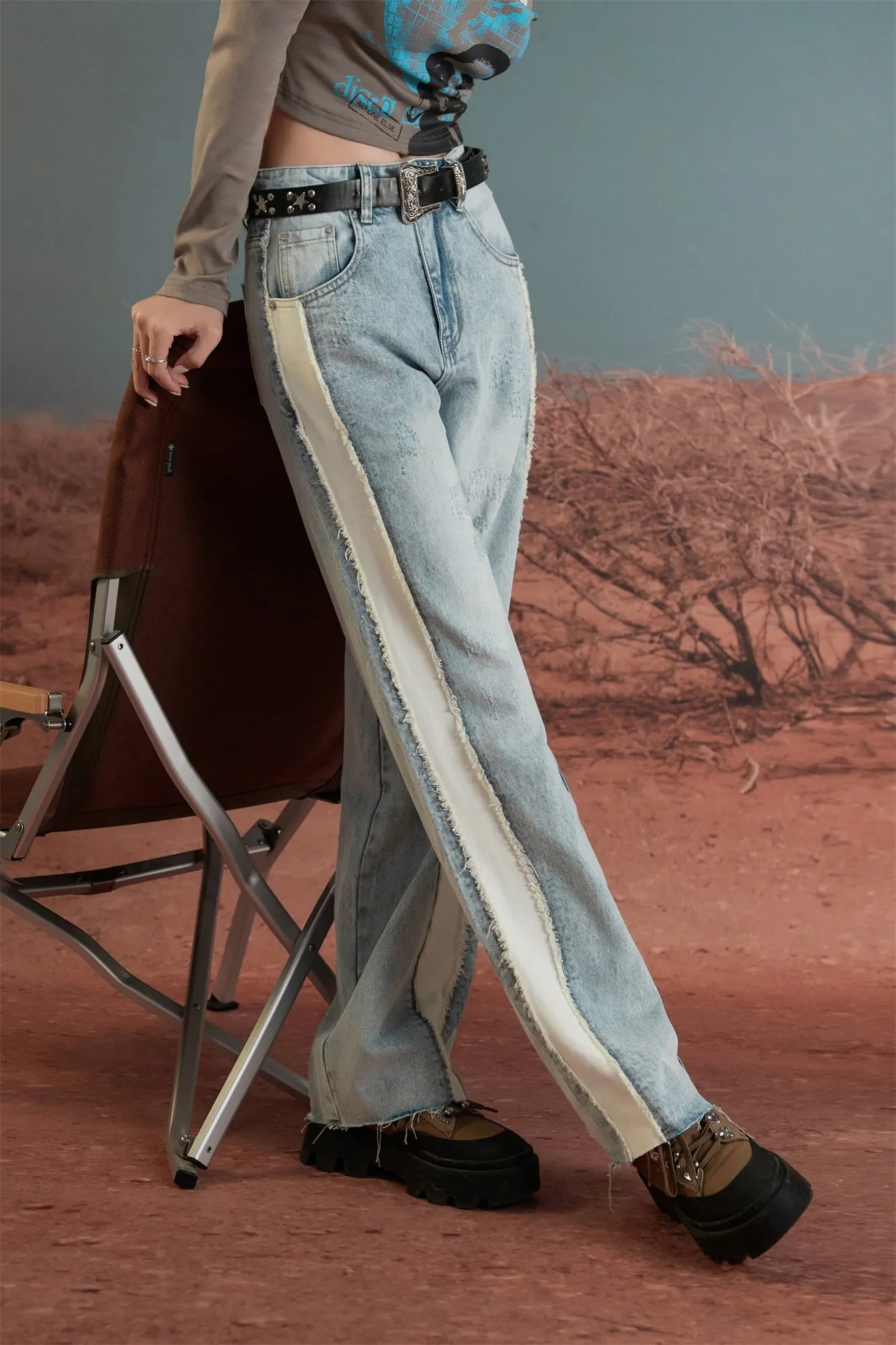 Raw Damaged Straight Wide Jeans