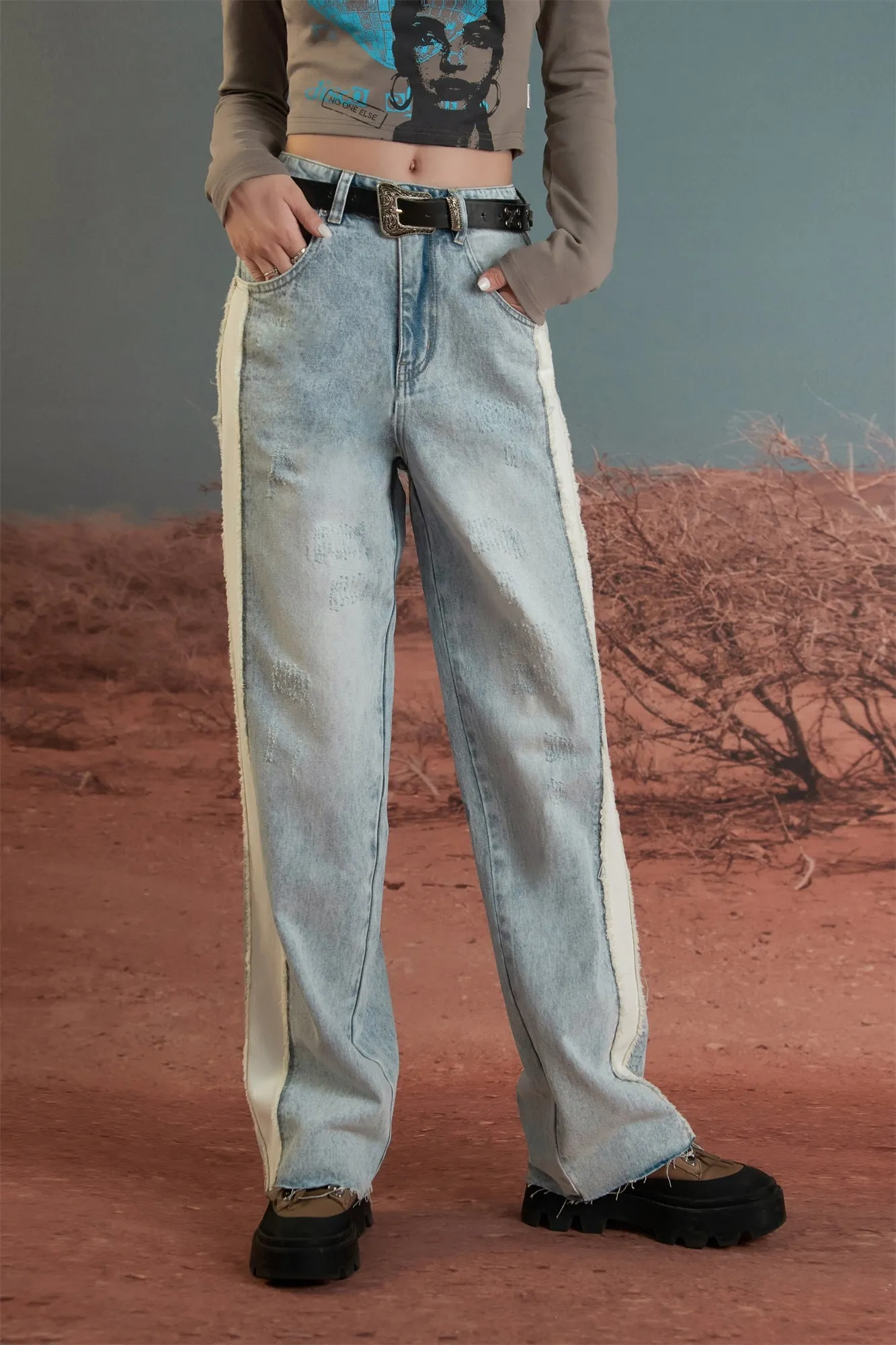 Raw Damaged Straight Wide Jeans
