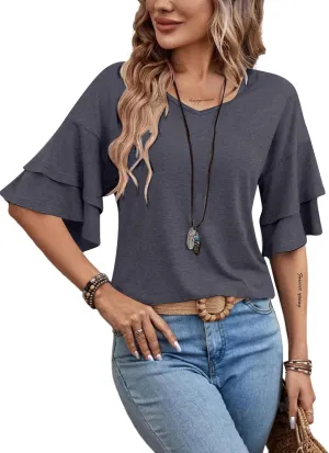 Remidoo Womens Double Layer Bell Sleeve T Shirt V Neck Tee Top
