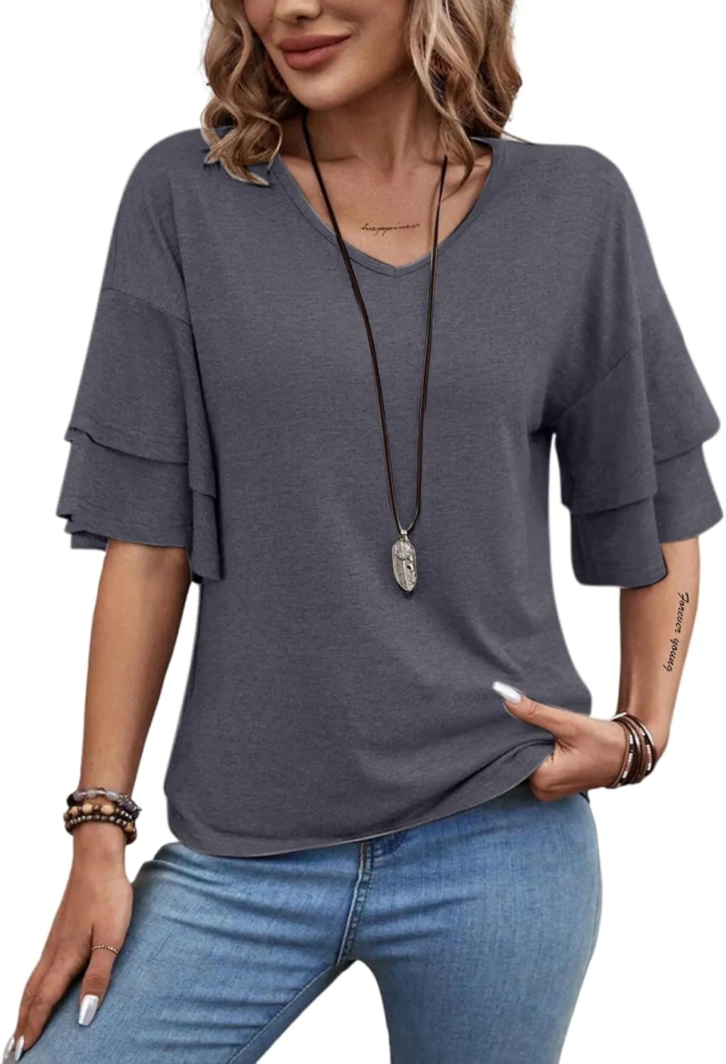 Remidoo Womens Double Layer Bell Sleeve T Shirt V Neck Tee Top