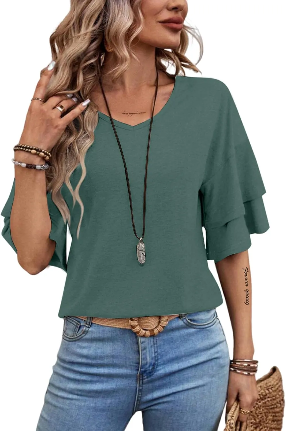 Remidoo Womens Double Layer Bell Sleeve T Shirt V Neck Tee Top