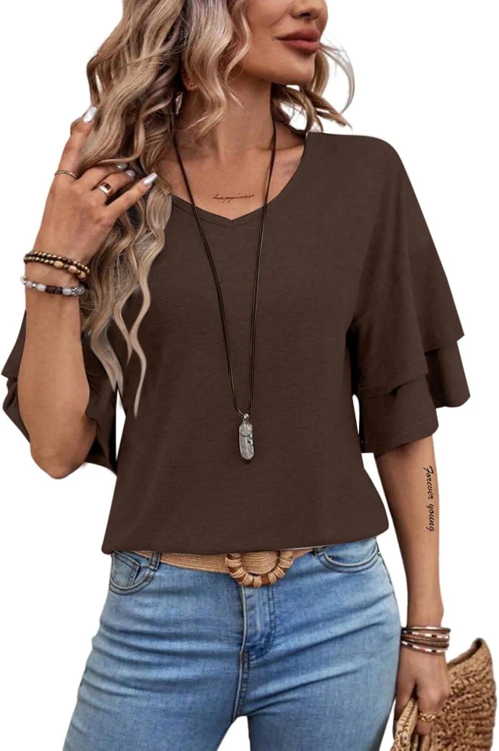 Remidoo Womens Double Layer Bell Sleeve T Shirt V Neck Tee Top