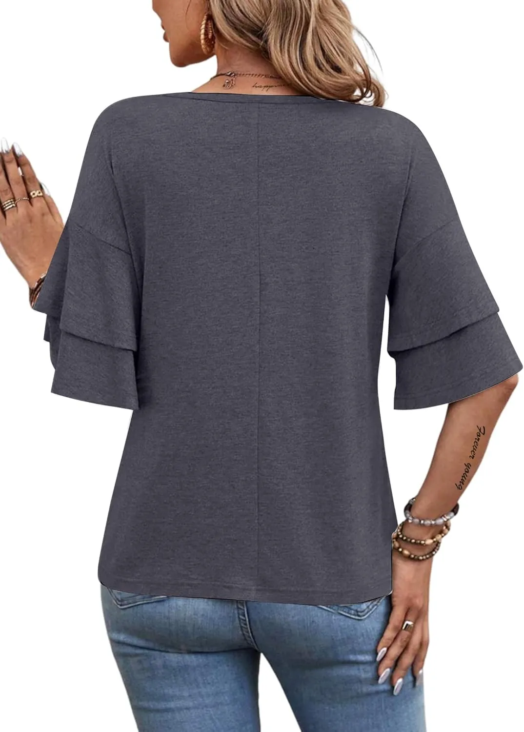 Remidoo Womens Double Layer Bell Sleeve T Shirt V Neck Tee Top