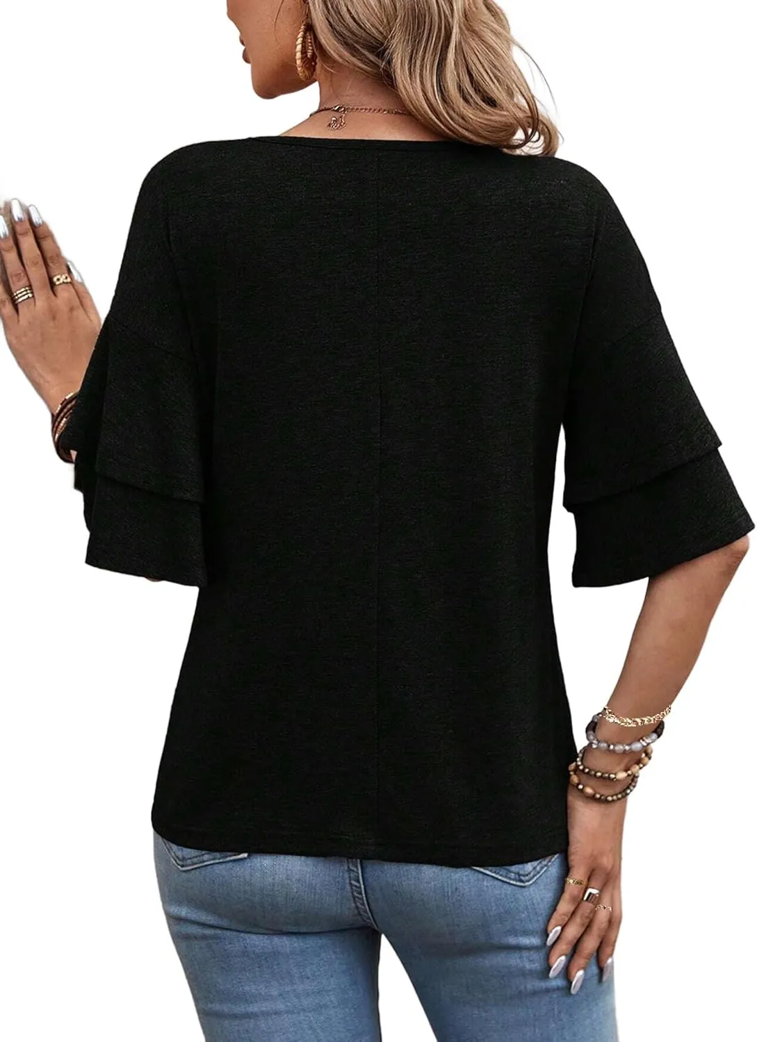 Remidoo Womens Double Layer Bell Sleeve T Shirt V Neck Tee Top