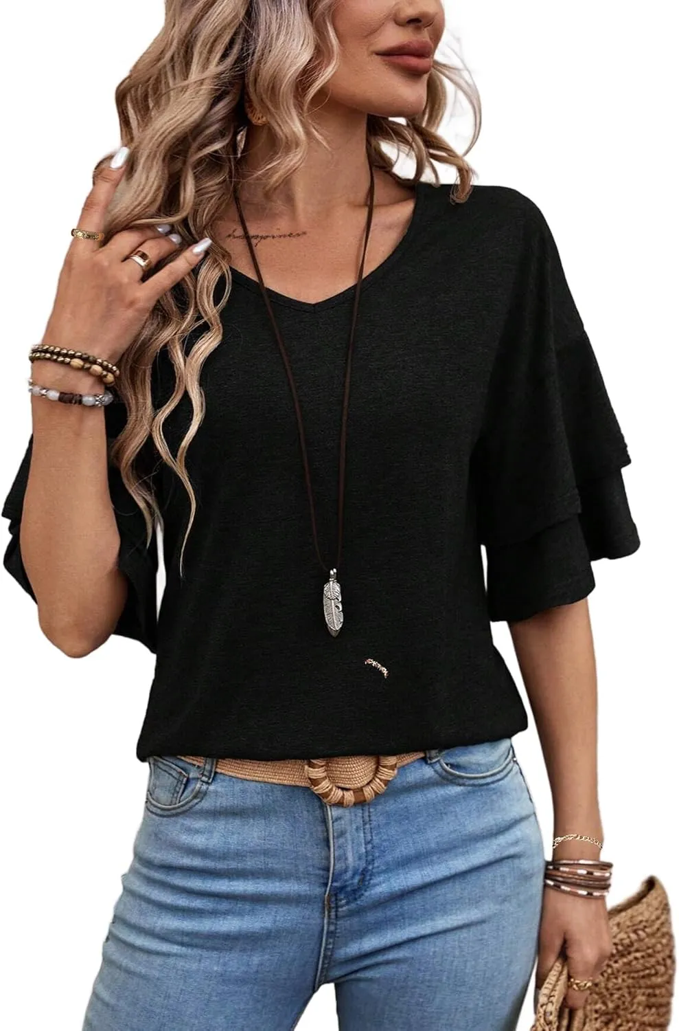 Remidoo Womens Double Layer Bell Sleeve T Shirt V Neck Tee Top