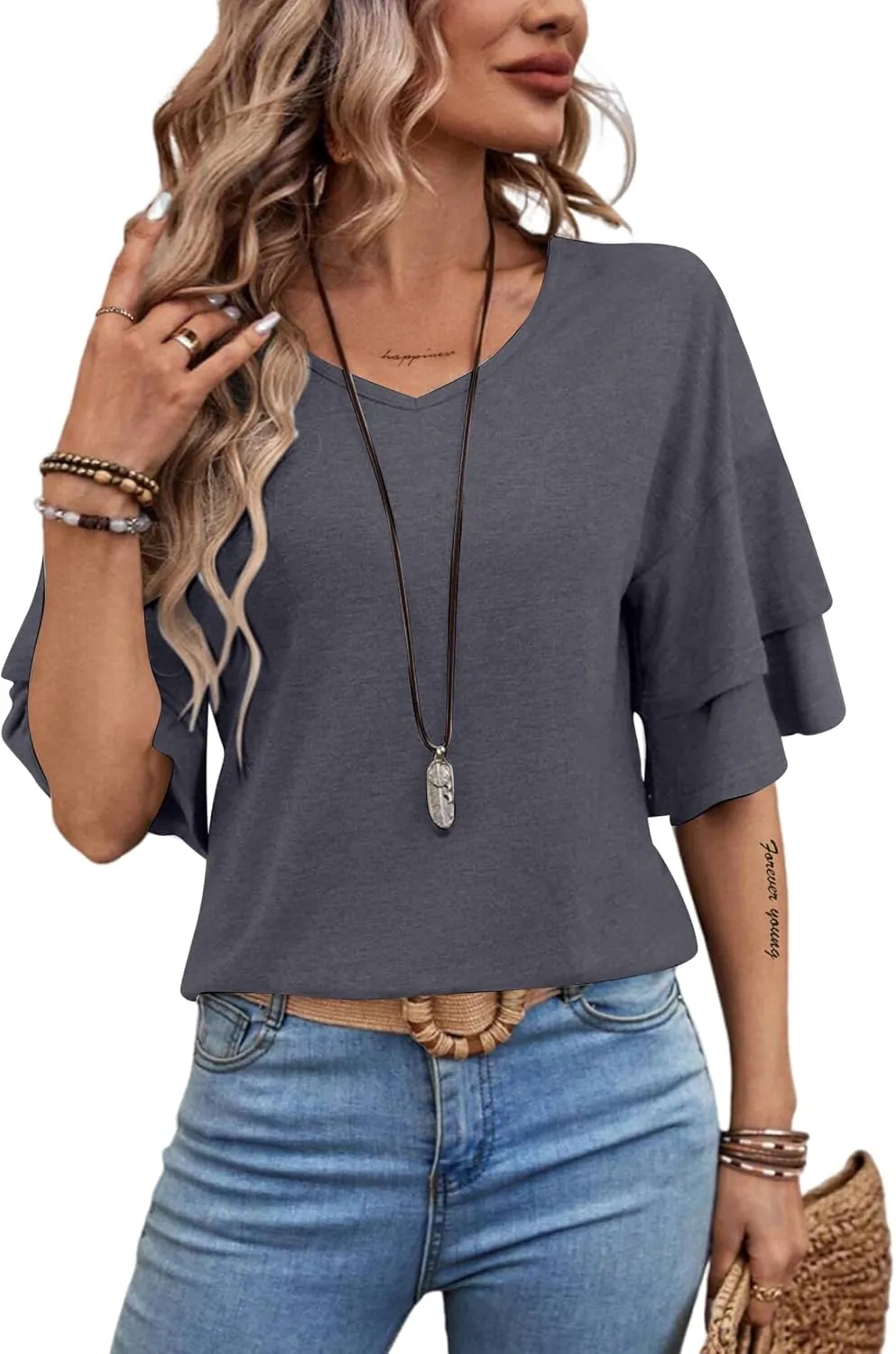 Remidoo Womens Double Layer Bell Sleeve T Shirt V Neck Tee Top