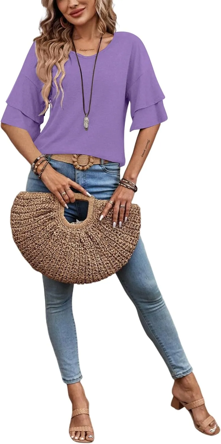 Remidoo Womens Double Layer Bell Sleeve T Shirt V Neck Tee Top