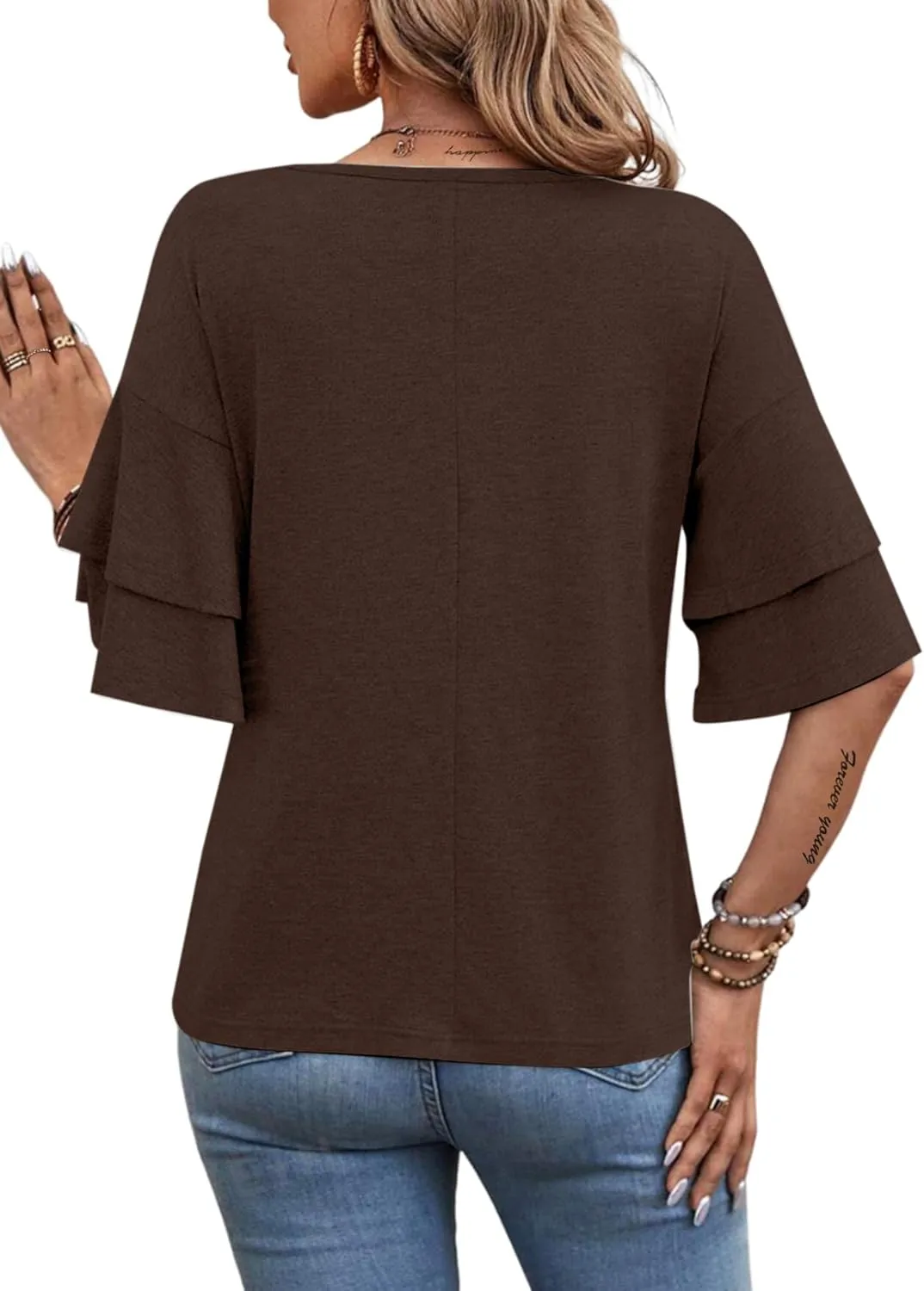Remidoo Womens Double Layer Bell Sleeve T Shirt V Neck Tee Top