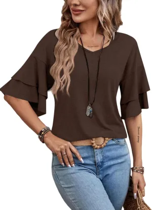 Remidoo Womens Double Layer Bell Sleeve T Shirt V Neck Tee Top