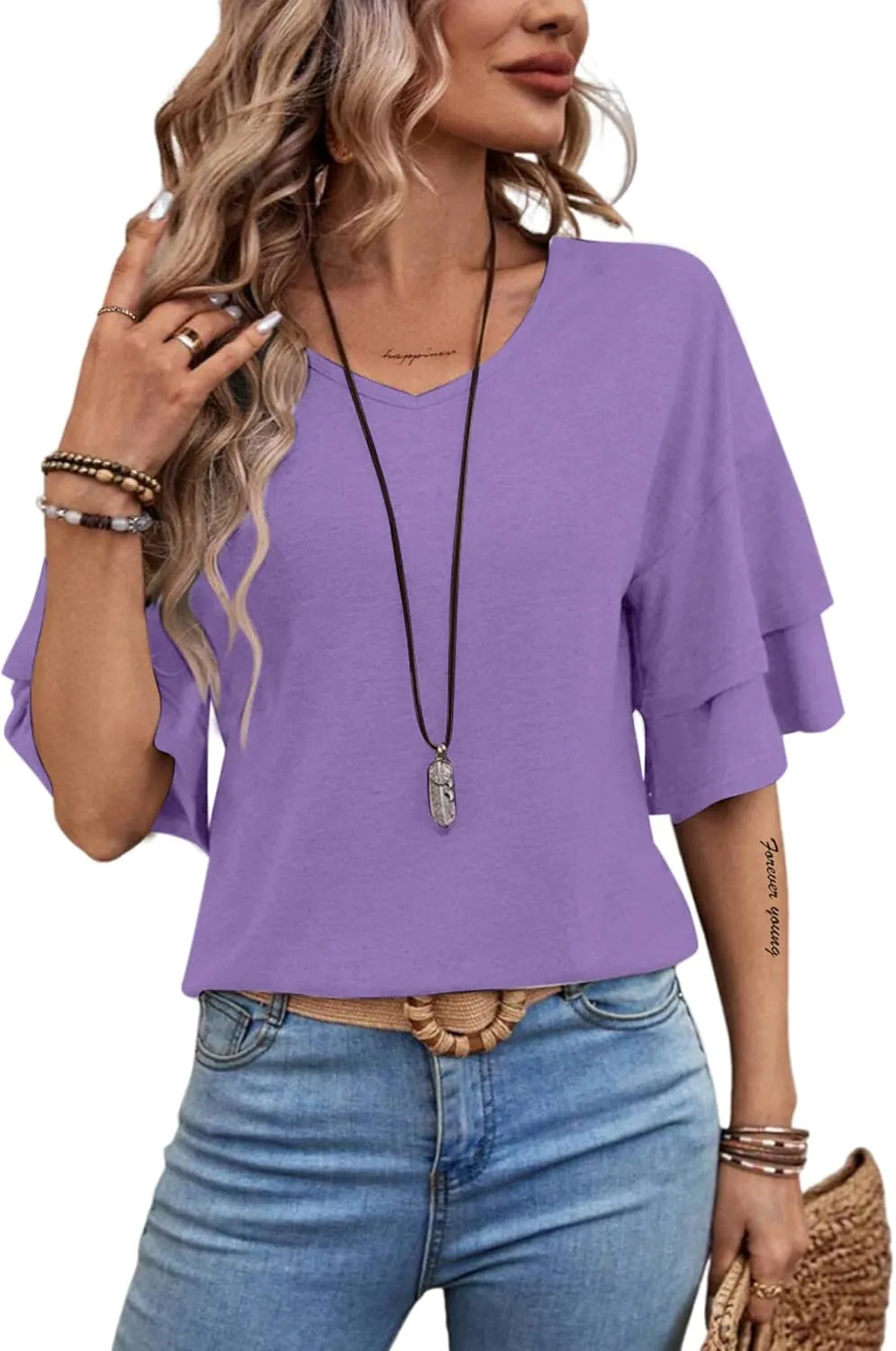 Remidoo Womens Double Layer Bell Sleeve T Shirt V Neck Tee Top