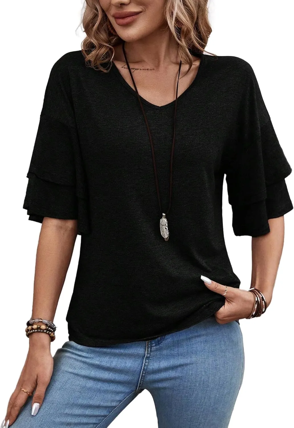 Remidoo Womens Double Layer Bell Sleeve T Shirt V Neck Tee Top