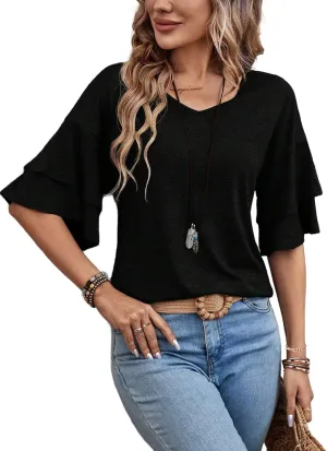 Remidoo Womens Double Layer Bell Sleeve T Shirt V Neck Tee Top