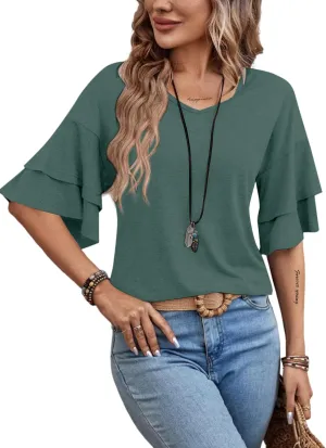Remidoo Womens Double Layer Bell Sleeve T Shirt V Neck Tee Top