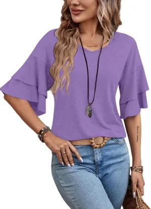 Remidoo Womens Double Layer Bell Sleeve T Shirt V Neck Tee Top