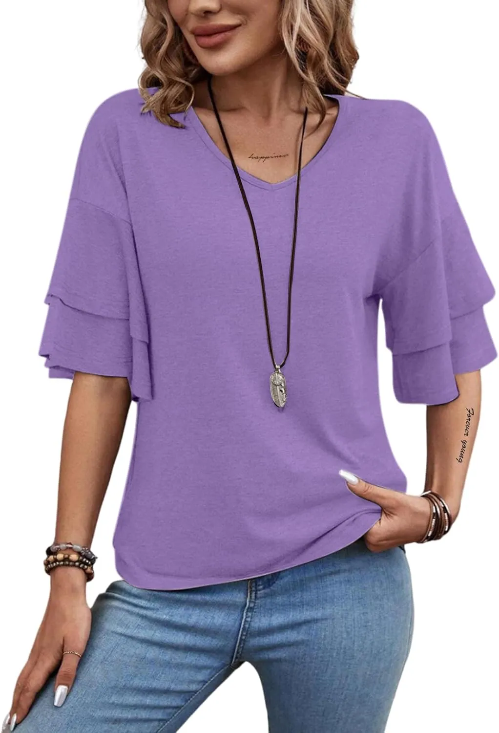 Remidoo Womens Double Layer Bell Sleeve T Shirt V Neck Tee Top