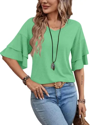 Remidoo Womens Double Layer Bell Sleeve T Shirt V Neck Tee Top