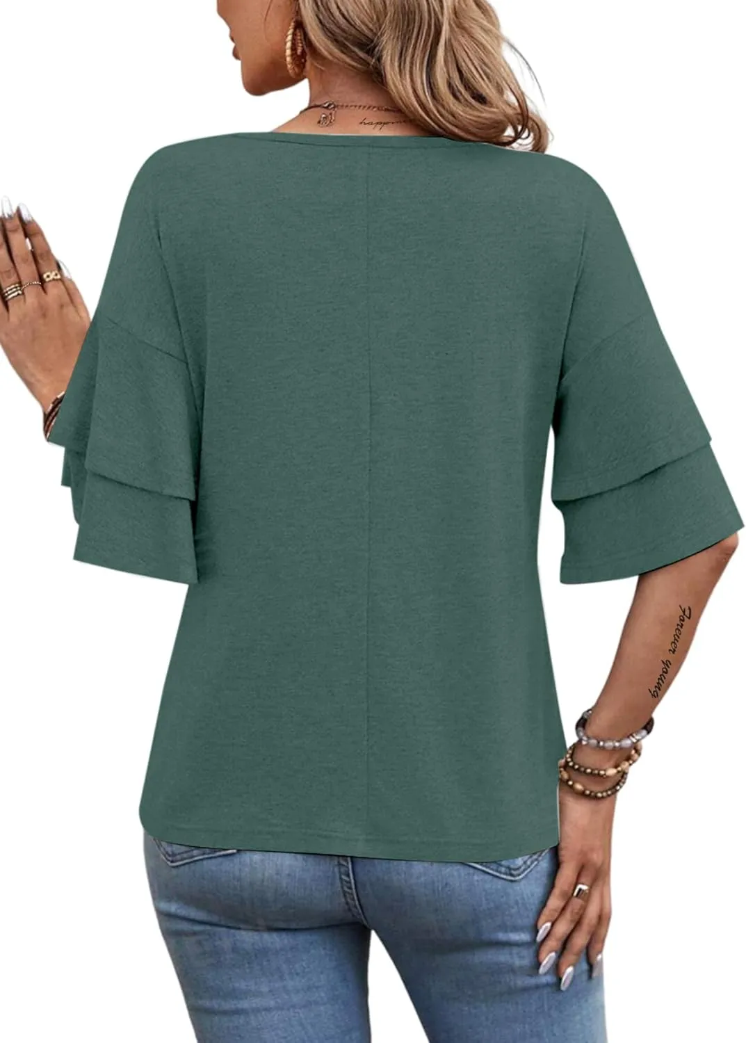 Remidoo Womens Double Layer Bell Sleeve T Shirt V Neck Tee Top