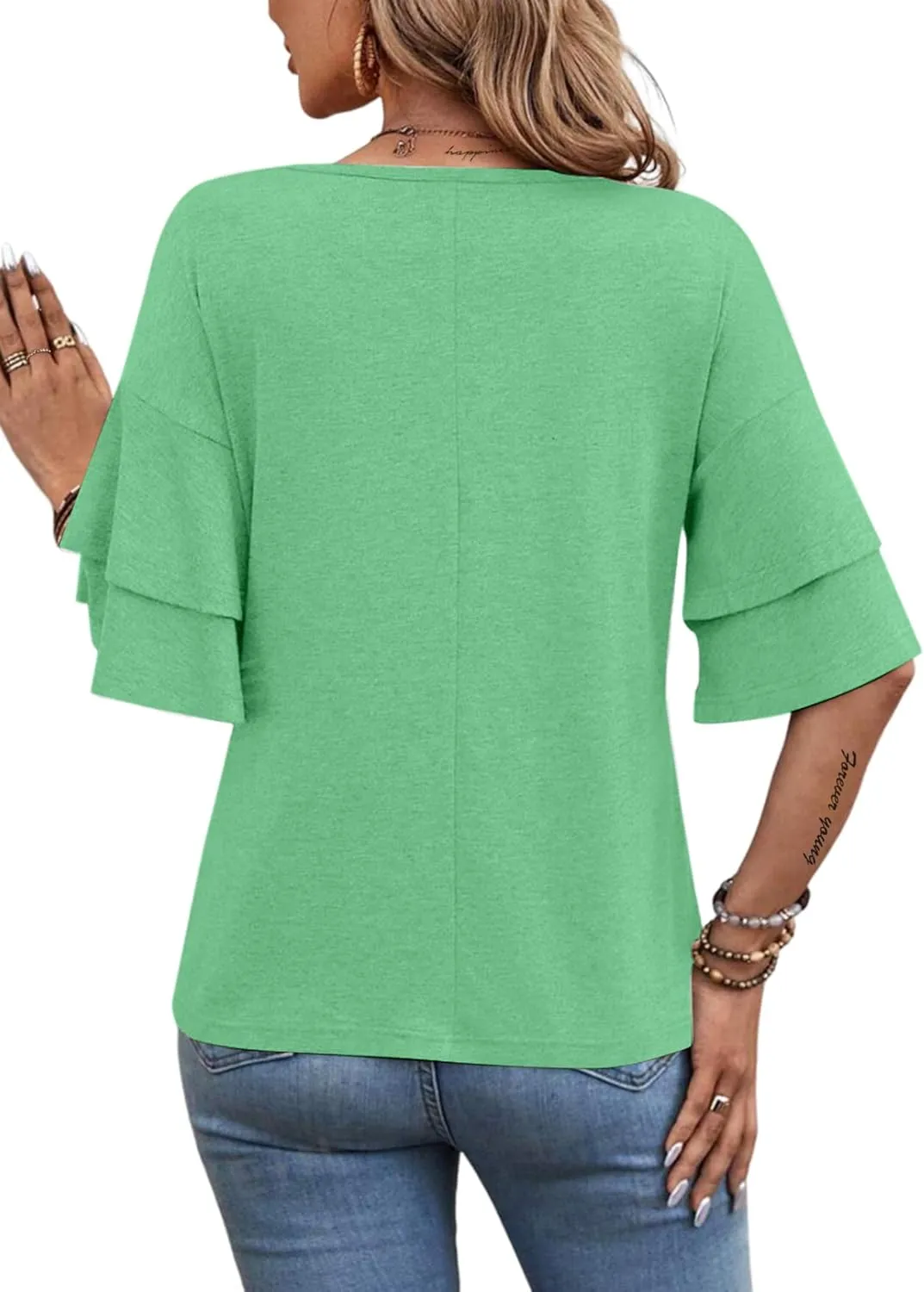 Remidoo Womens Double Layer Bell Sleeve T Shirt V Neck Tee Top