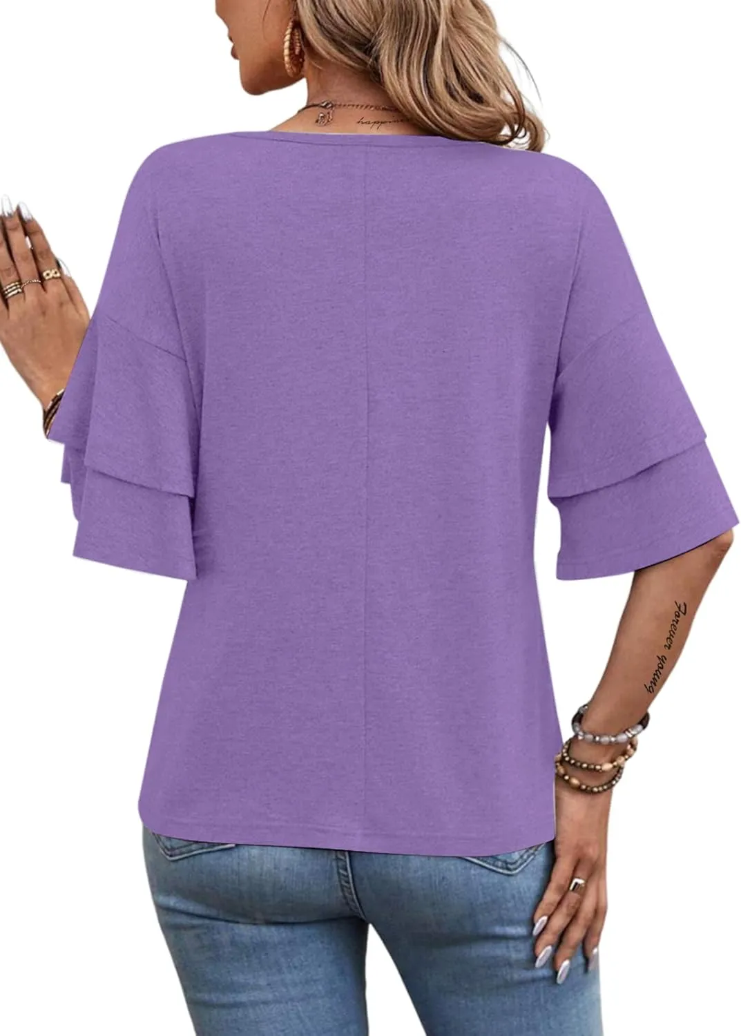 Remidoo Womens Double Layer Bell Sleeve T Shirt V Neck Tee Top