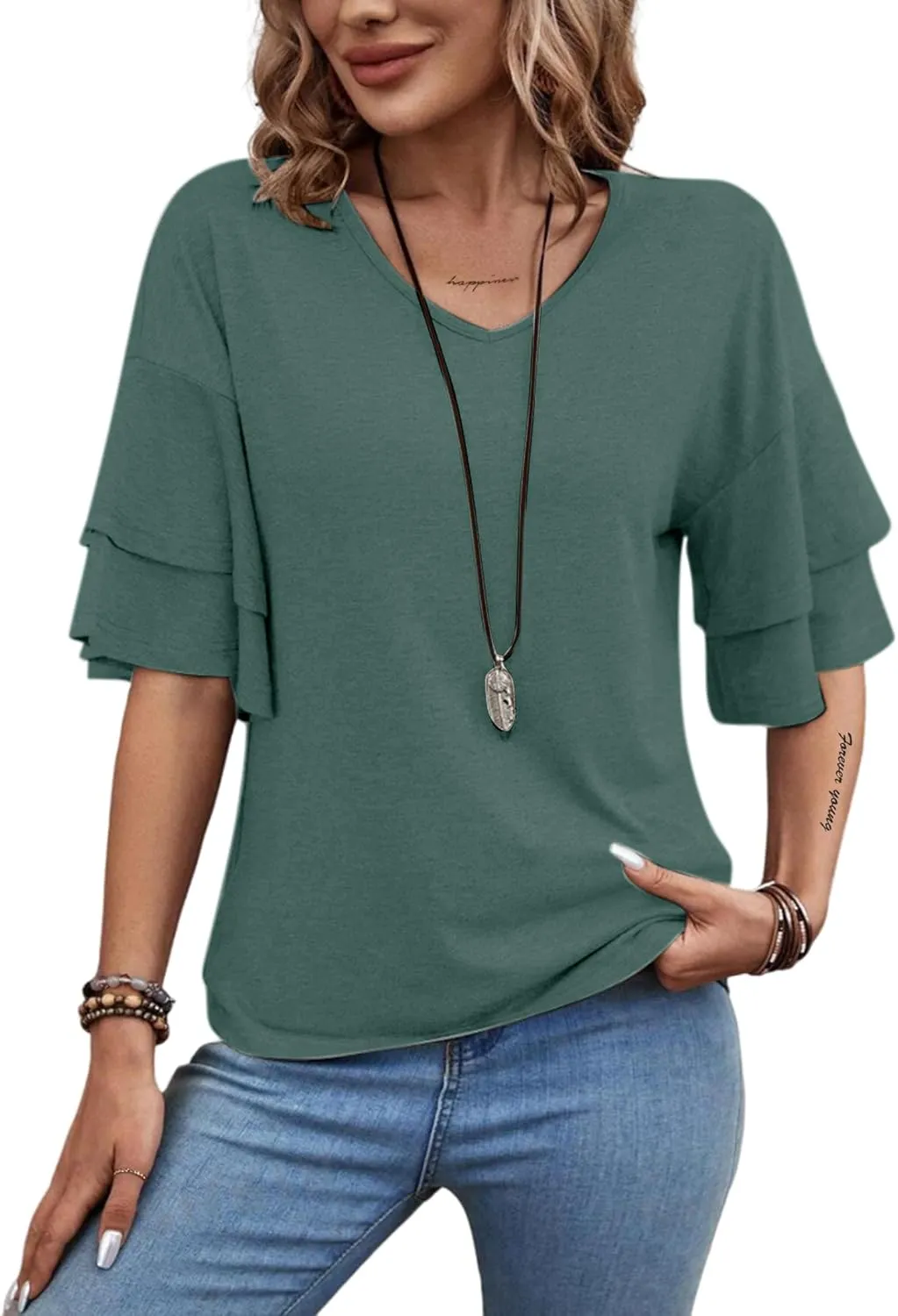 Remidoo Womens Double Layer Bell Sleeve T Shirt V Neck Tee Top
