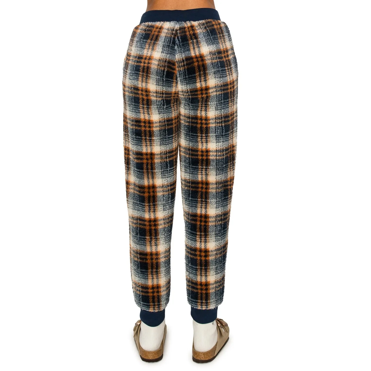 Sherpa Plaid Joggers Sweatpants - Navy/Brown