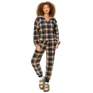 Sherpa Plaid Joggers Sweatpants - Navy/Brown