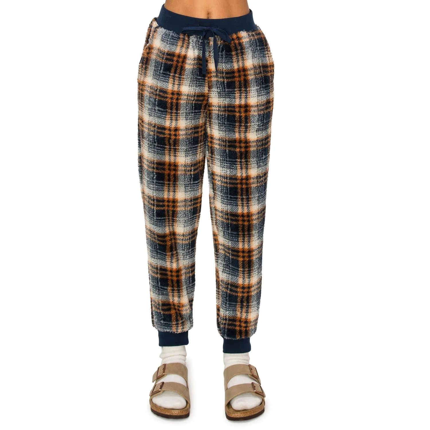 Sherpa Plaid Joggers Sweatpants - Navy/Brown